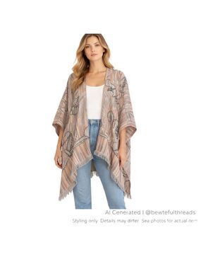 World Market One Size Boho Ruana Wrap Fringe Neutral